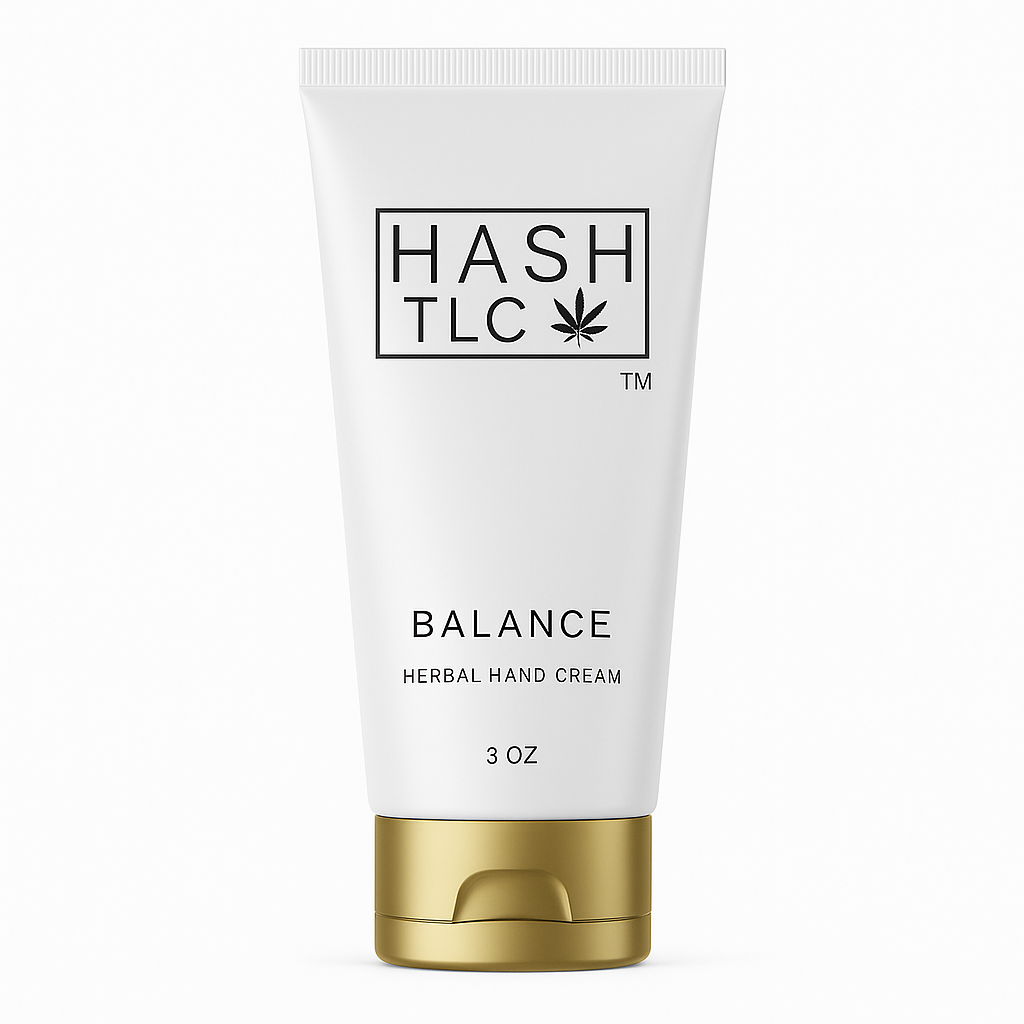HASH TLC Balance Herbal Hand Cream in white tube with gold cap