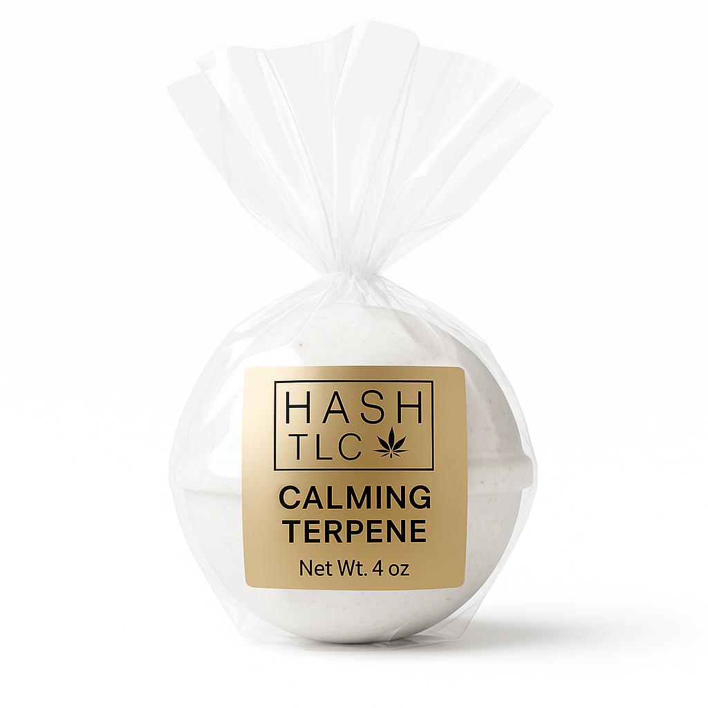 HASH TLC Calming Terpene Bath Bomb wrapped in clear cellophane with gold label