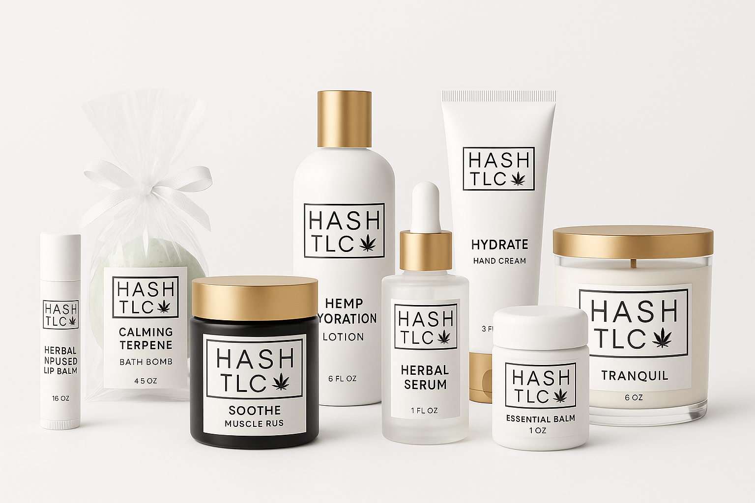 HASH TLC full product collection arranged on a white surface