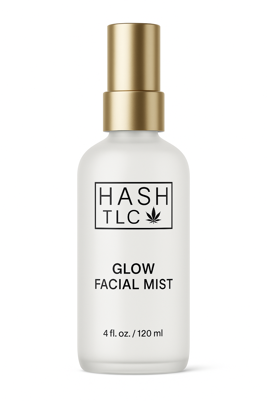 HASH TLC Glow Facial Mist in frosted glass bottle with gold spray
