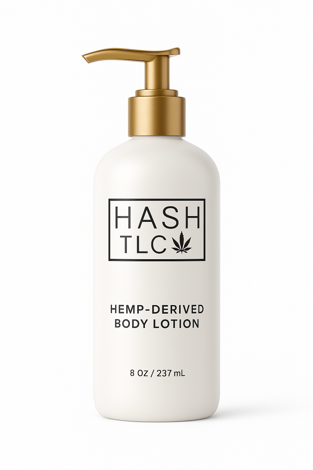 HASH TLC Hemp-Derived Body Lotion in white bottle with gold pump