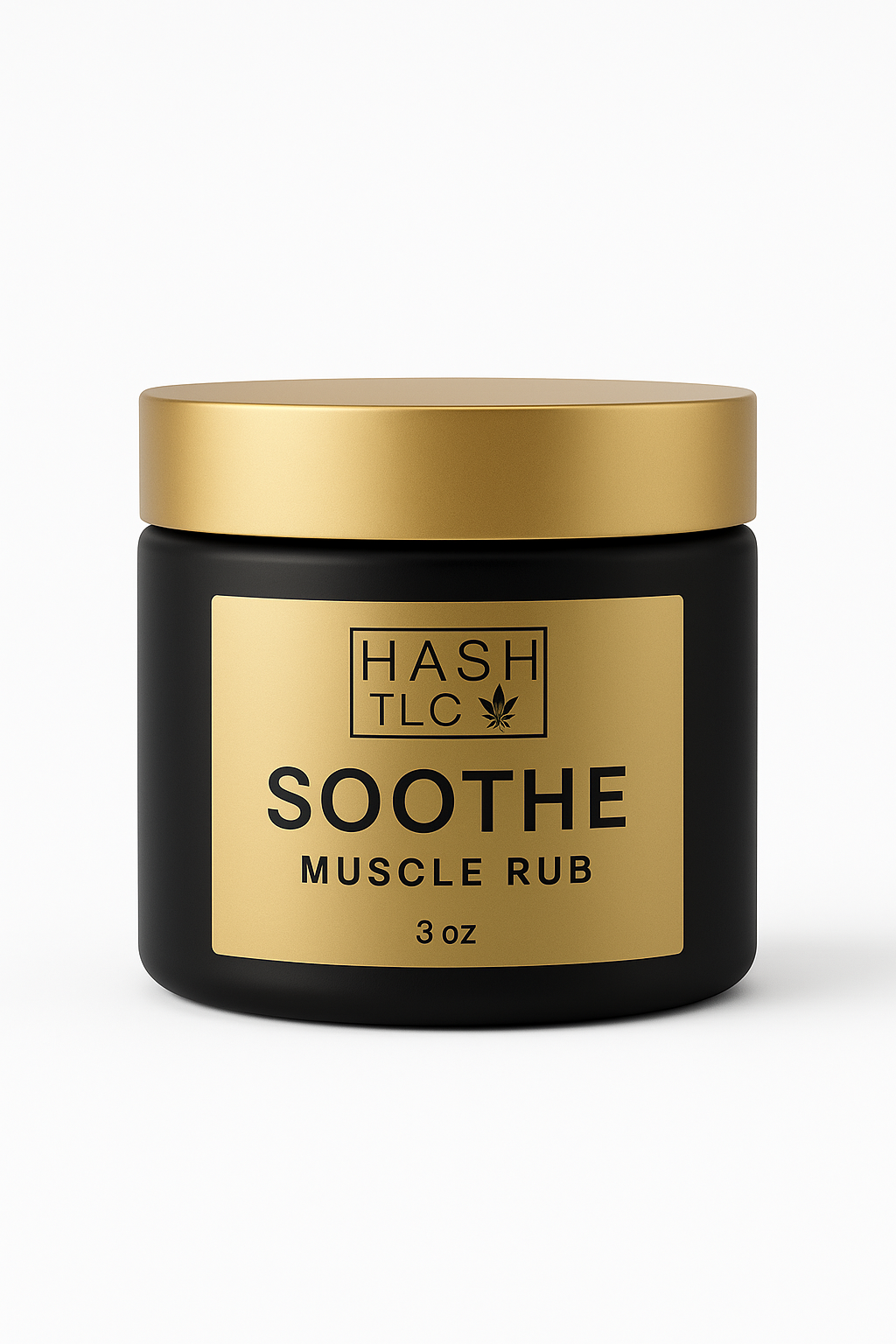 HASH TLC Soothe Muscle Rub in matte black jar with gold lid