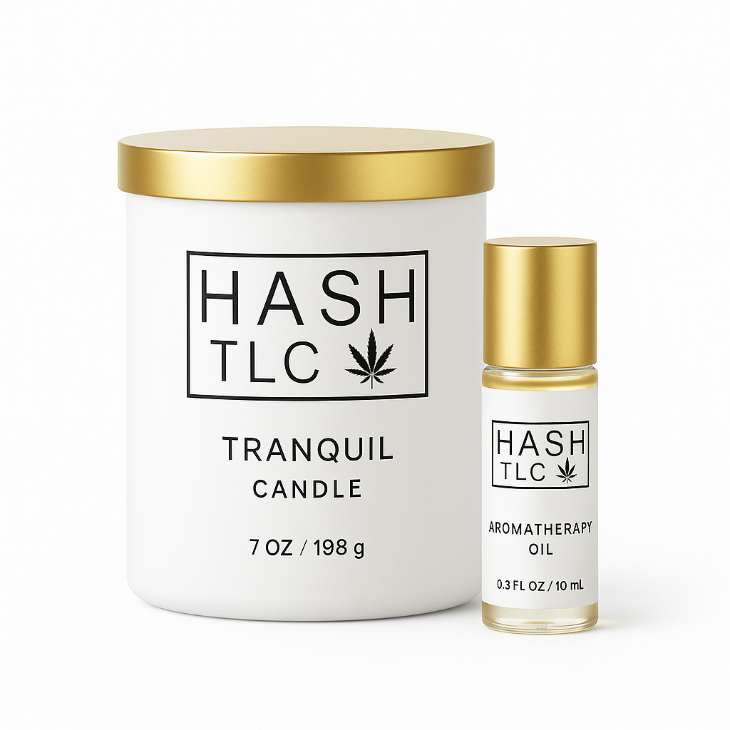 HASH TLC Tranquil Candle and Aromatherapy Oil set on white surface